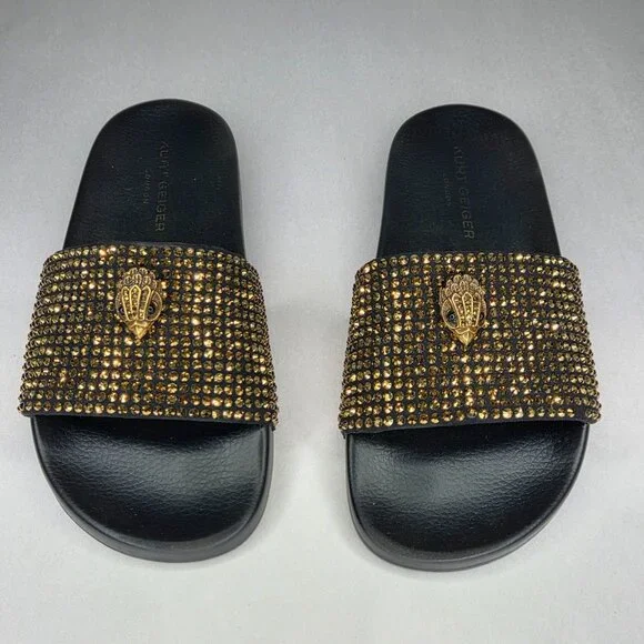Kurt Geiger Women's Meena Eagle Gold Studded Slides Sandals - Picture 1 of 7